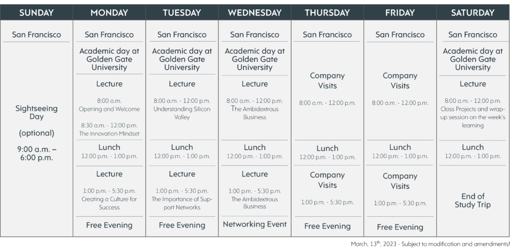 Timetable Study Trip USA